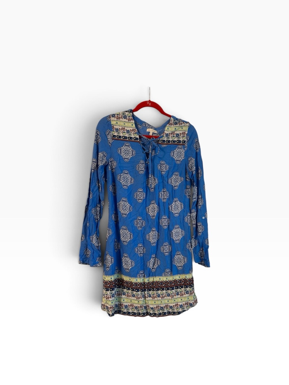 Women's Red Camel Blue Red Green Printed Long-Sleeve Boho Dress Sz L